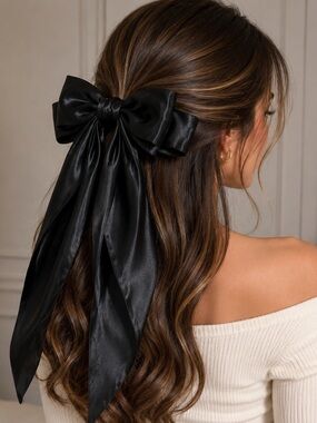 Large Black Satin Bow Barrette Long Tail Hair Clip balletcore  NWOT